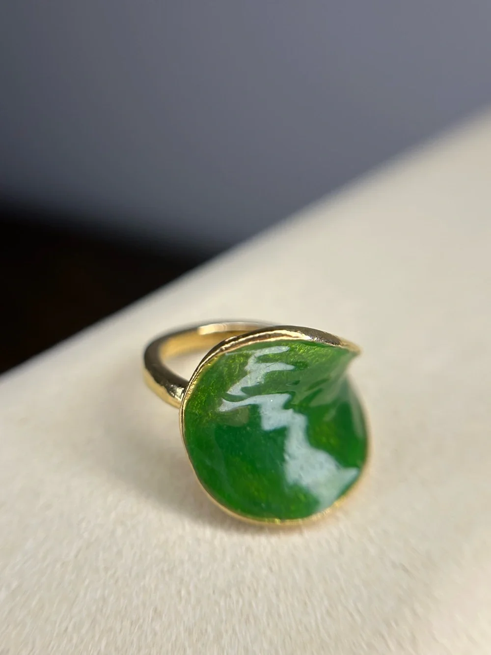 Green Lily Pad Leaf Statement Ring Gold Tone Modern